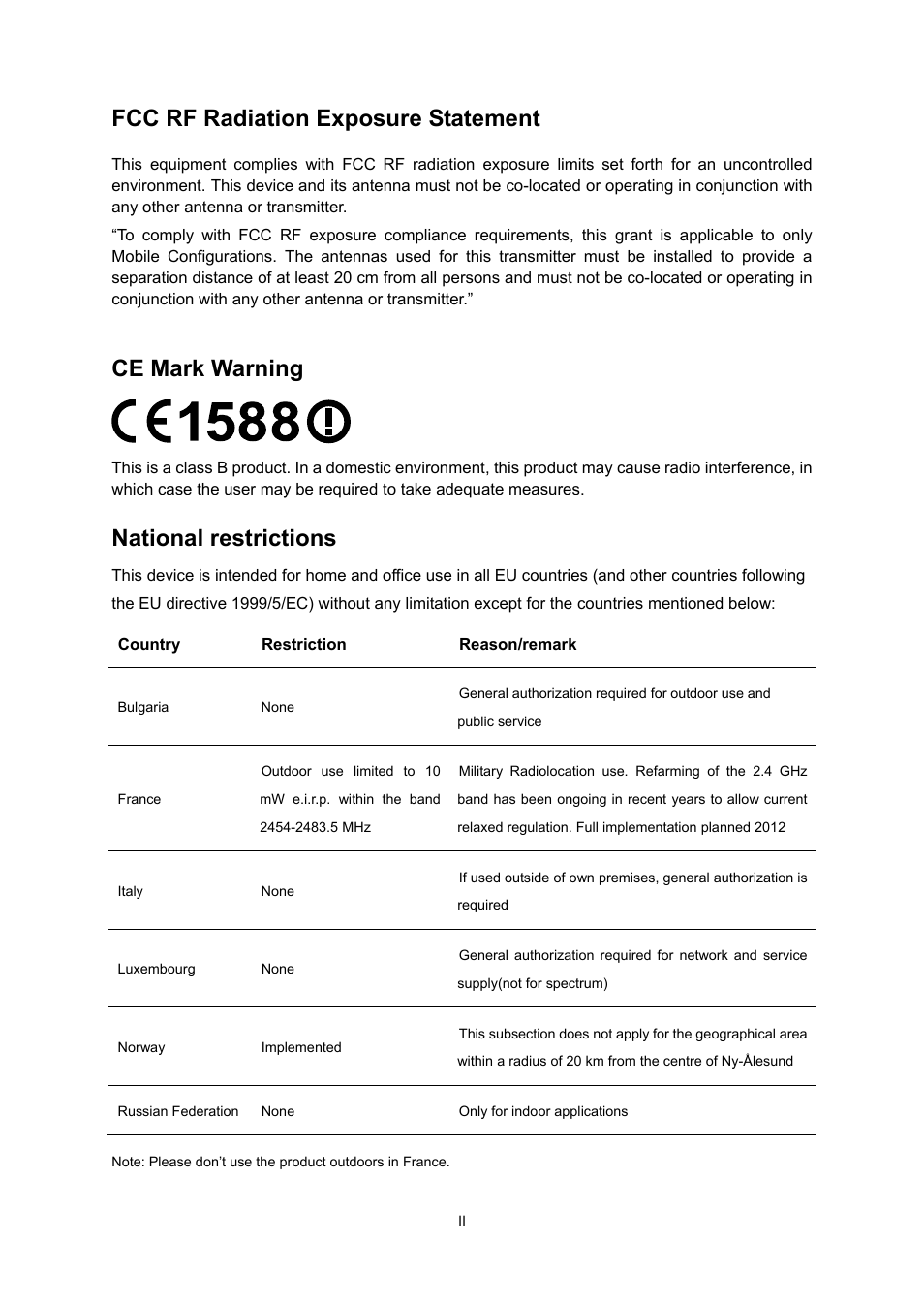 Fcc rf radiation exposure statement, Ce mark warning, National restrictions | TP-Link TL-WR941ND User Manual | Page 3 / 106