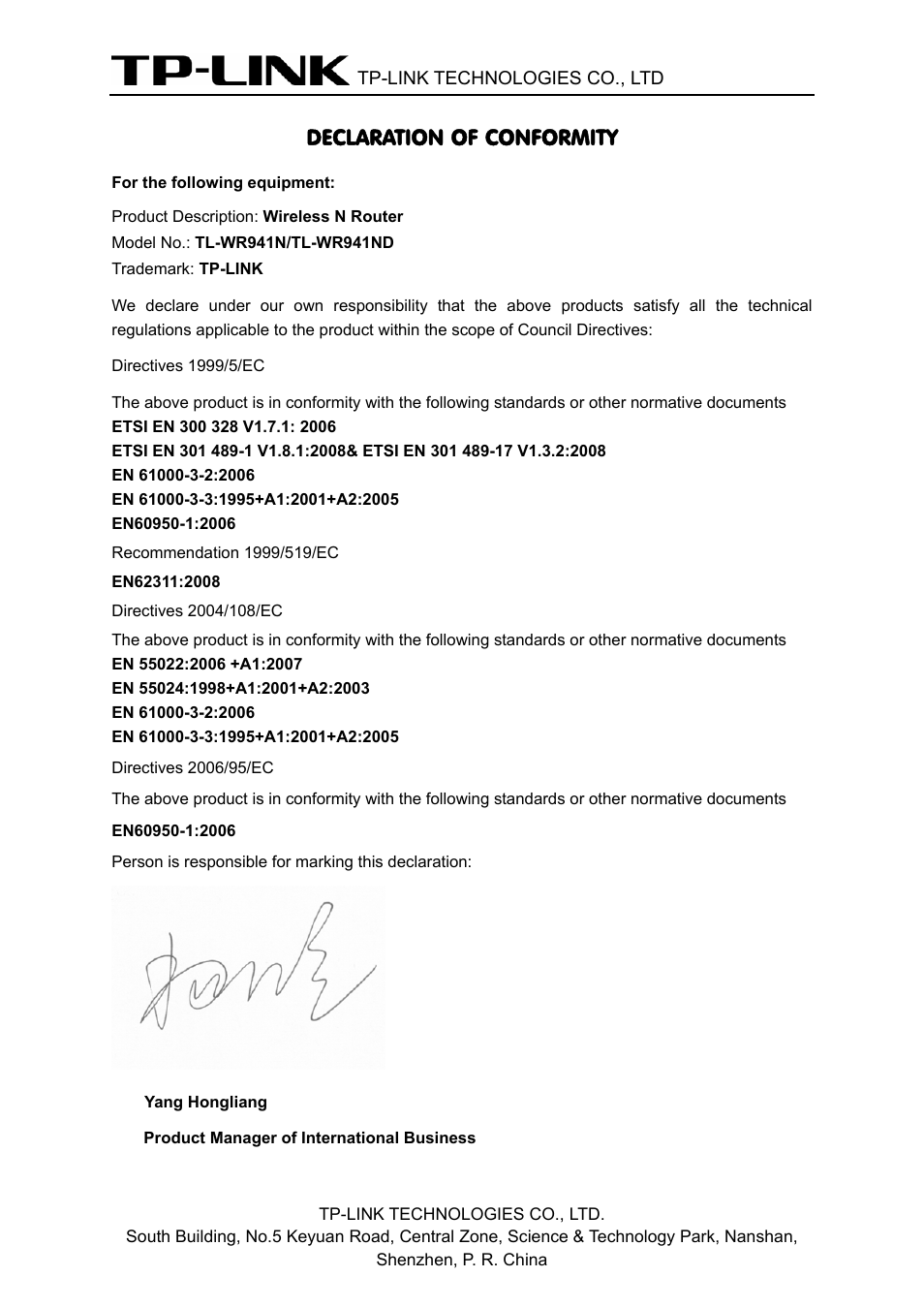 Declaration of conformity | TP-Link TL-WR941ND User Manual | Page 4 / 106