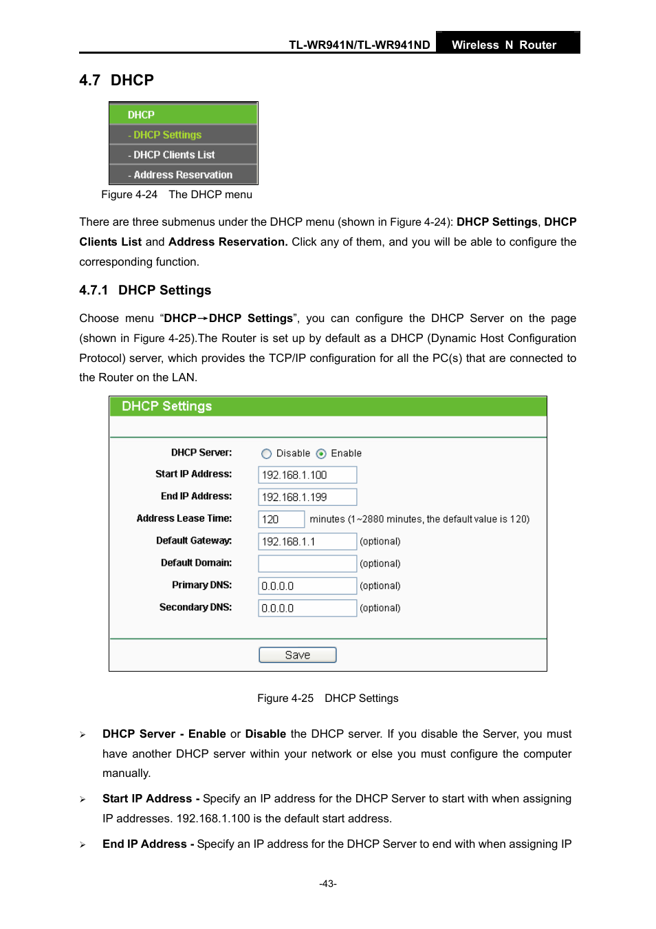 7 dhcp, 1 dhcp settings | TP-Link TL-WR941ND User Manual | Page 50 / 106