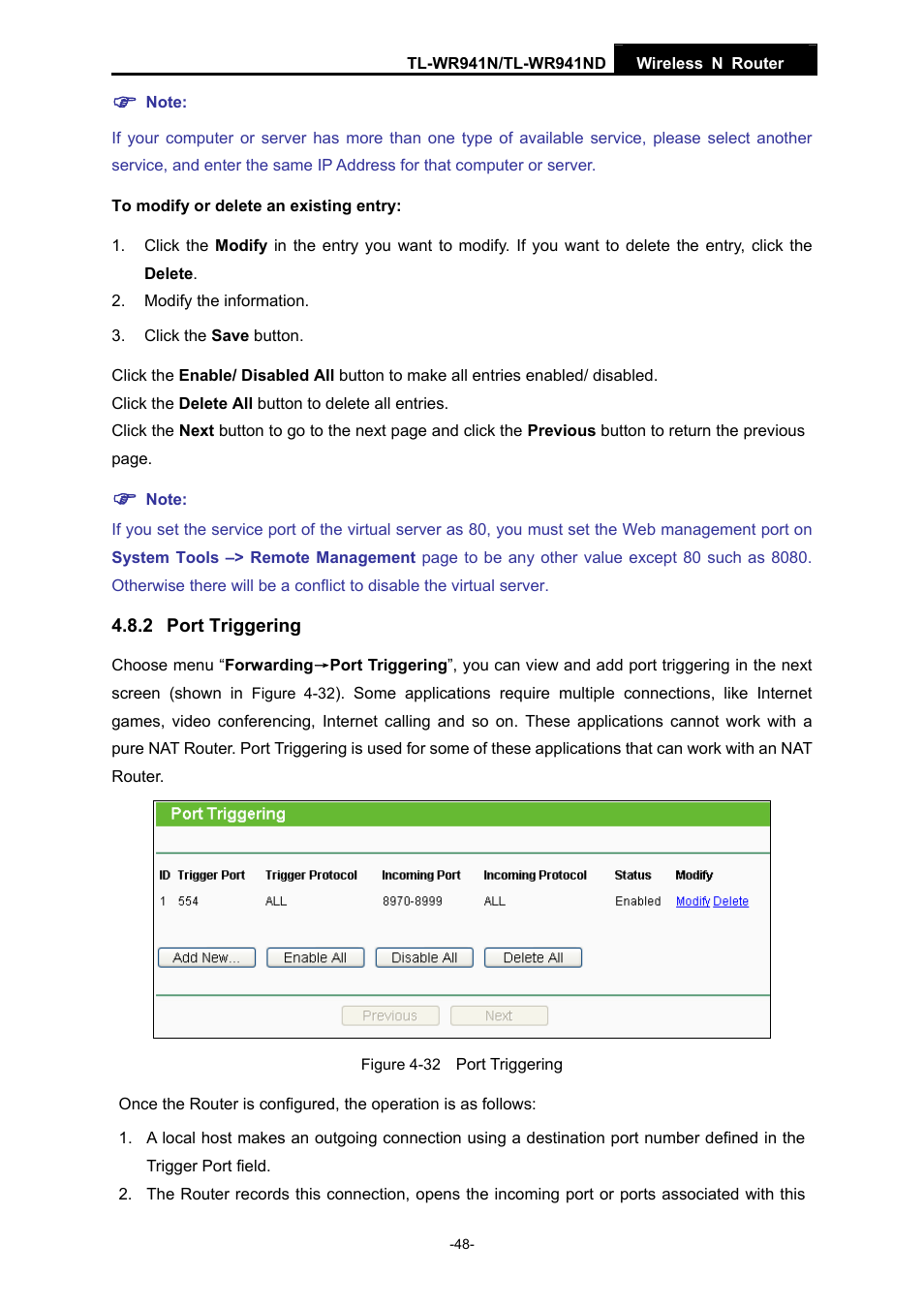 2 port triggering | TP-Link TL-WR941ND User Manual | Page 55 / 106