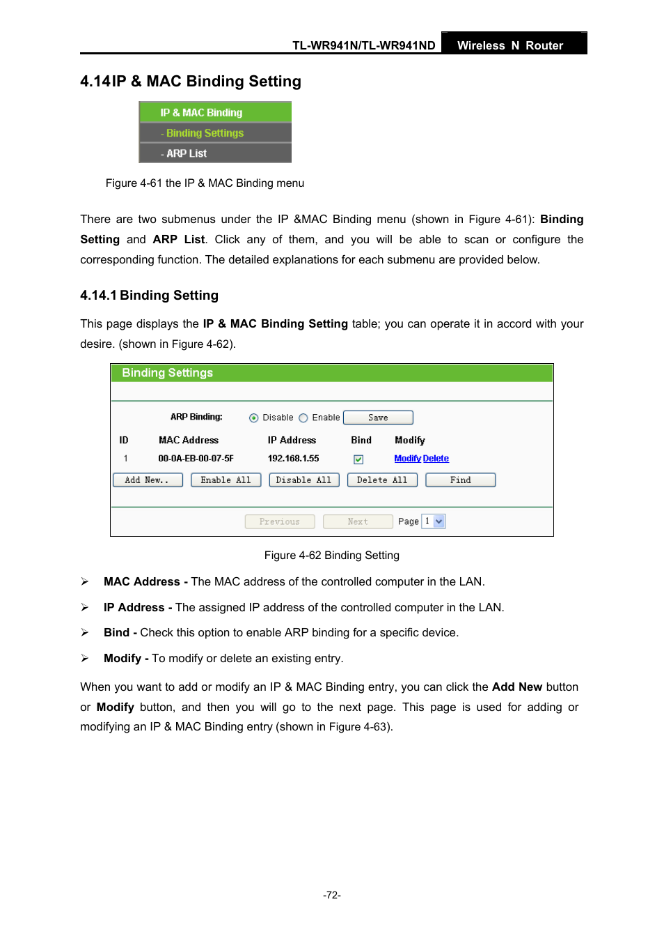 14 ip & mac binding setting, 1 binding setting | TP-Link TL-WR941ND User Manual | Page 79 / 106