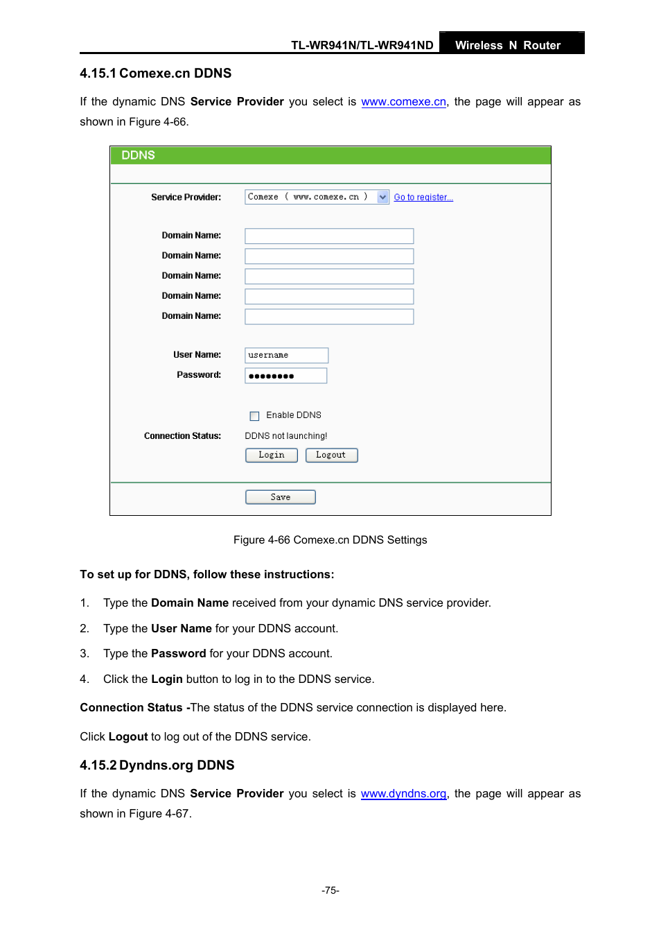 1 comexe.cn ddns, 2 dyndns.org ddns | TP-Link TL-WR941ND User Manual | Page 82 / 106