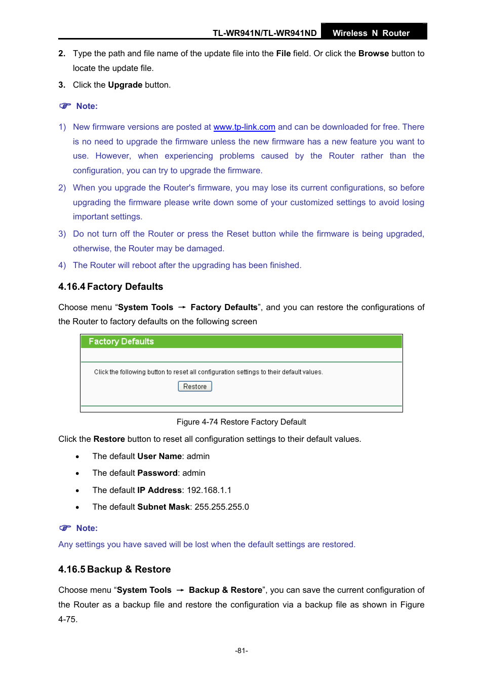 4 factory defaults, 5 backup & restore | TP-Link TL-WR941ND User Manual | Page 88 / 106