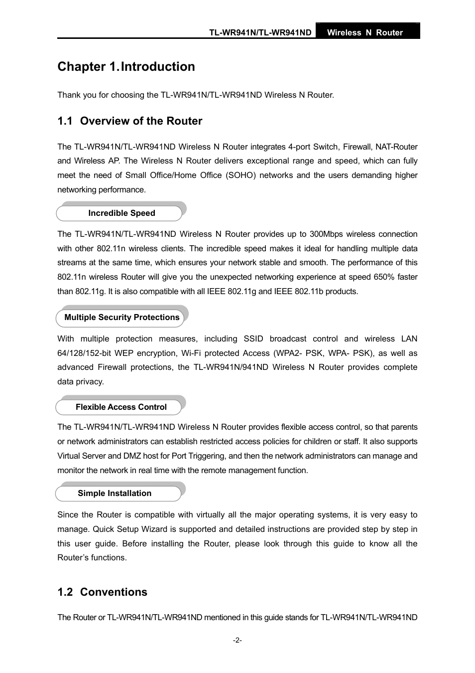 Chapter 1. introduction, 1 overview of the router, 2 conventions | TP-Link TL-WR941ND User Manual | Page 9 / 106