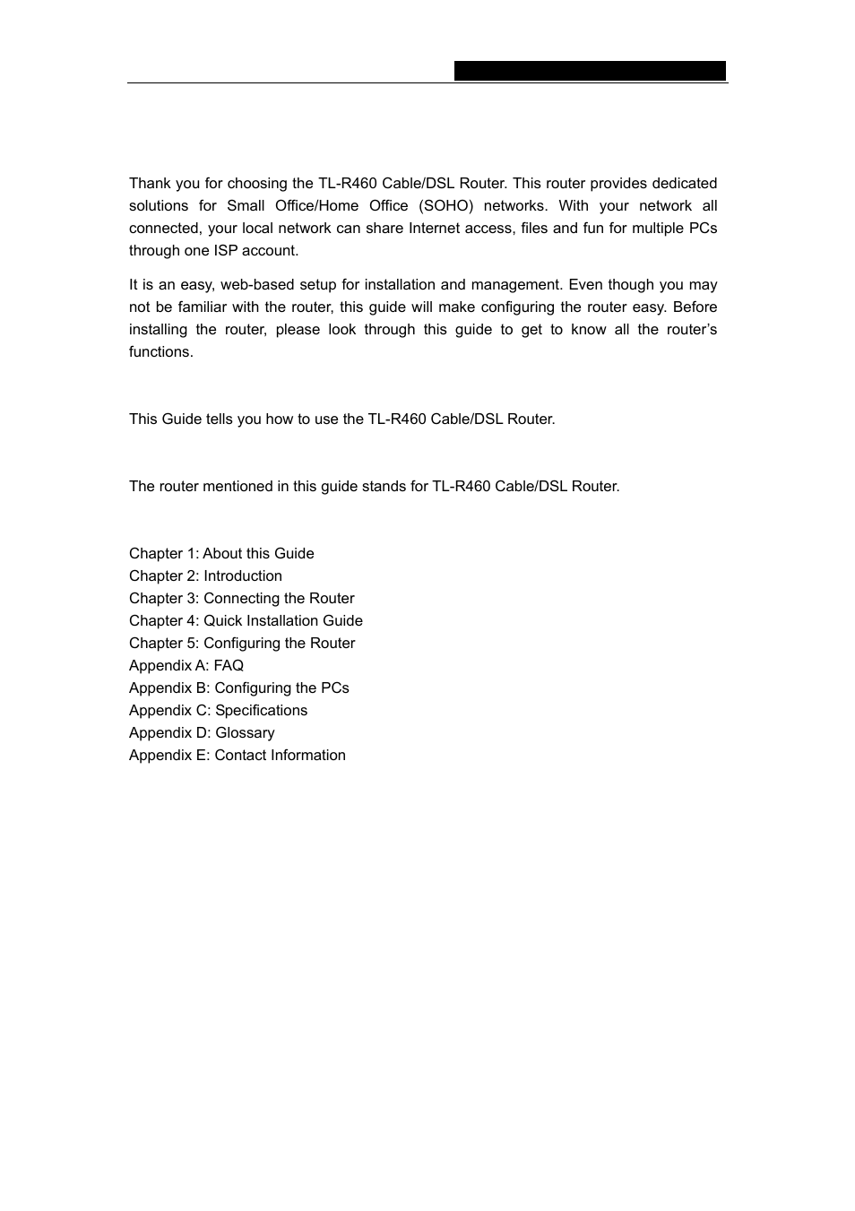 Chapter 1: about this guide, 1 purposes, 2 conventions | 3 overview of this user guide | TP-Link TL-R460 User Manual | Page 6 / 57