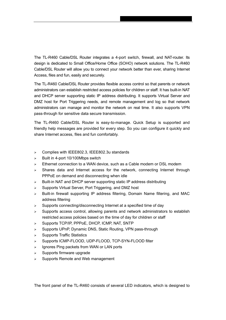 Chapter 2: introduction, 1 overview of the router, 2 features | 3 panel layout, 1 the front panel, Tl-r460 cable/dsl router user guide | TP-Link TL-R460 User Manual | Page 7 / 57