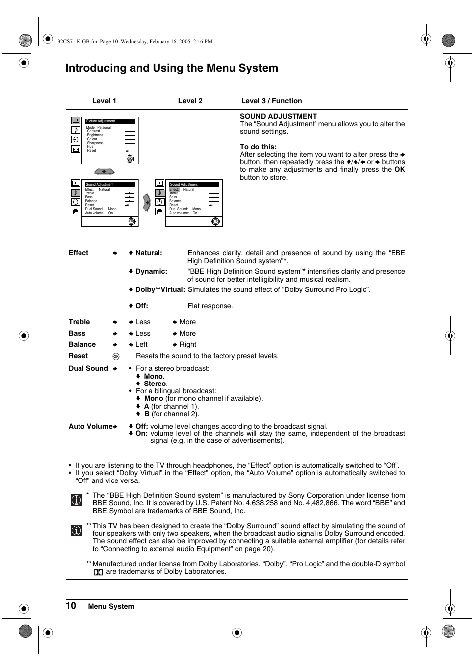 Introducing and using the menu system | Sony KV-32CS71K User Manual | Page 10 / 144