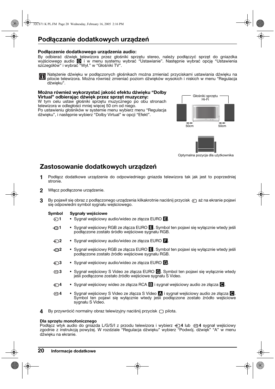 Podłączanie dodatkowych urządzeń, Zastosowanie dodatkowych urządzeń | Sony KV-32CS71K User Manual | Page 100 / 144