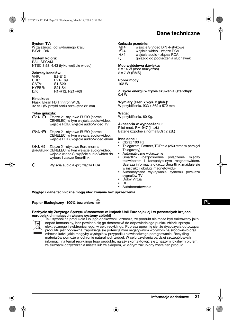 Dane techniczne | Sony KV-32CS71K User Manual | Page 101 / 144