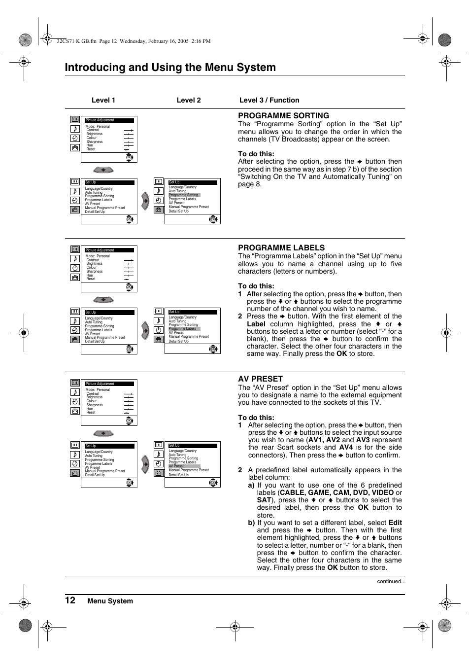 Introducing and using the menu system | Sony KV-32CS71K User Manual | Page 12 / 144