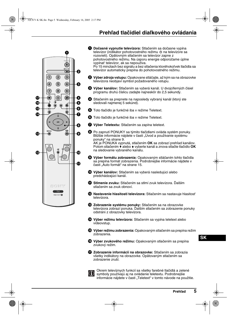 Prehľad tlačidiel diaľkového ovládania | Sony KV-32CS71K User Manual | Page 125 / 144