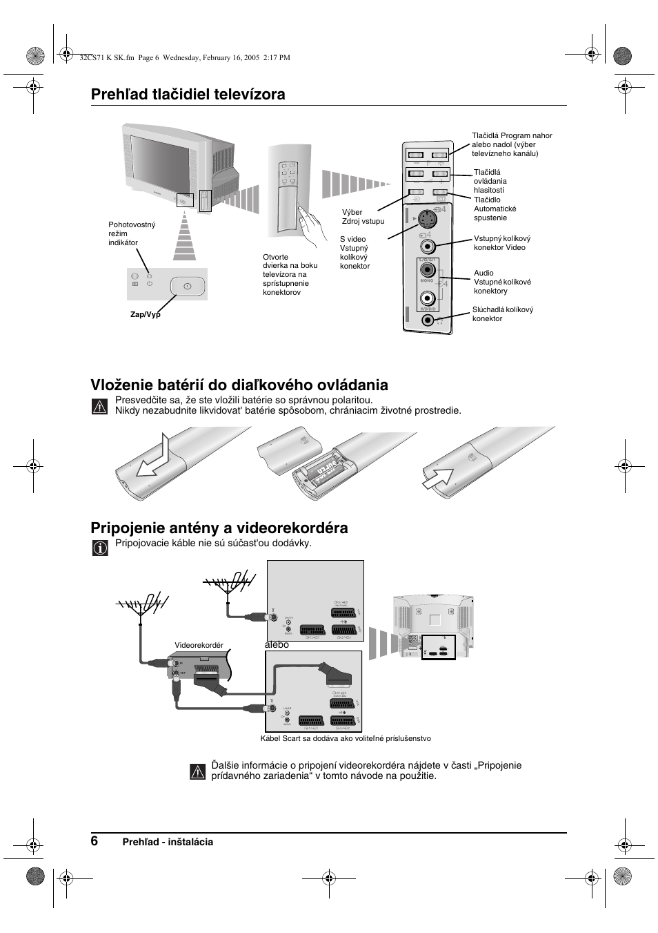 Prehľad tlačidiel televízora, Vloženie batérií do diaľkového ovládania, Pripojenie antény a videorekordéra | Sony KV-32CS71K User Manual | Page 126 / 144
