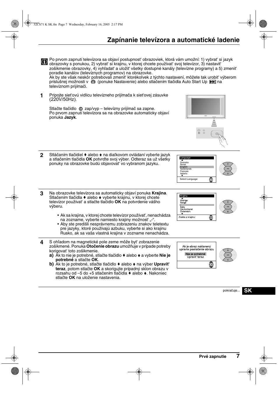 Zapínanie televízora a automatické ladenie | Sony KV-32CS71K User Manual | Page 127 / 144