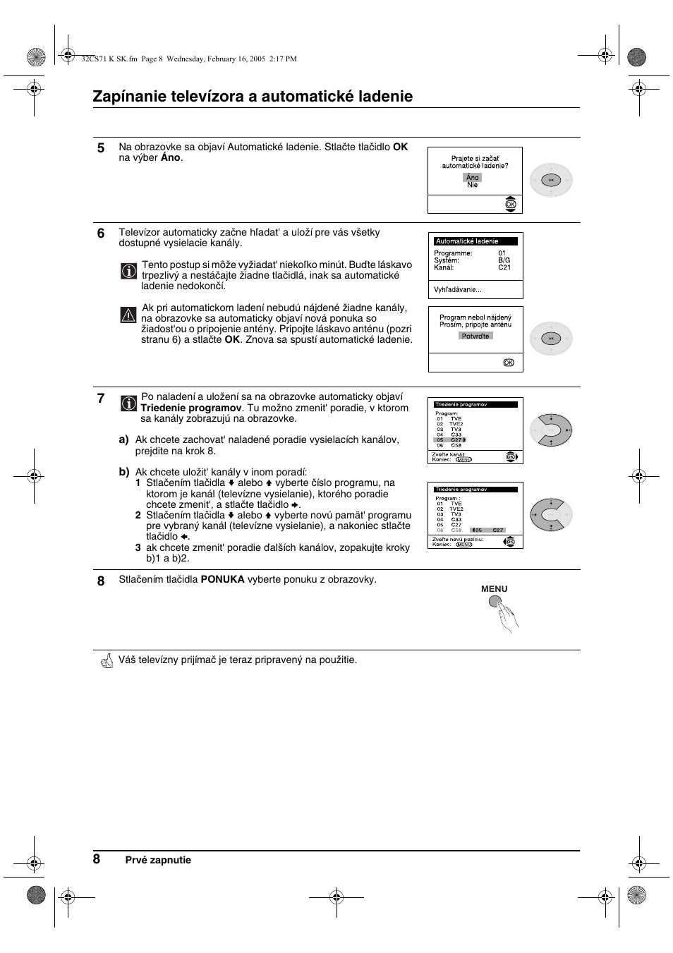 Zapínanie televízora a automatické ladenie | Sony KV-32CS71K User Manual | Page 128 / 144
