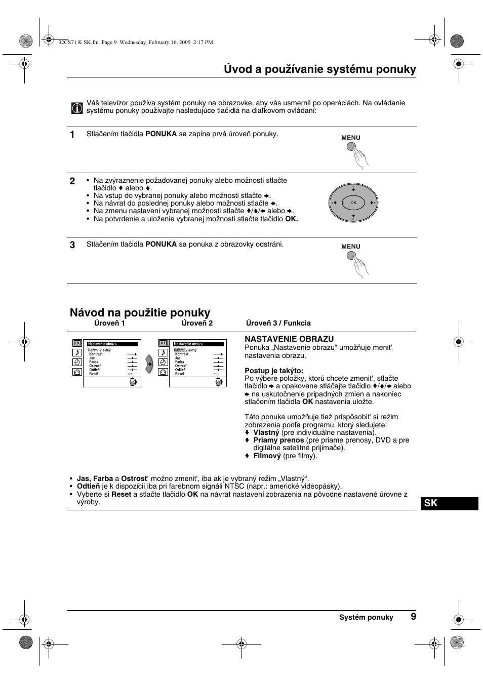 Úvod a používanie systému ponuky, Návod na použitie ponuky | Sony KV-32CS71K User Manual | Page 129 / 144