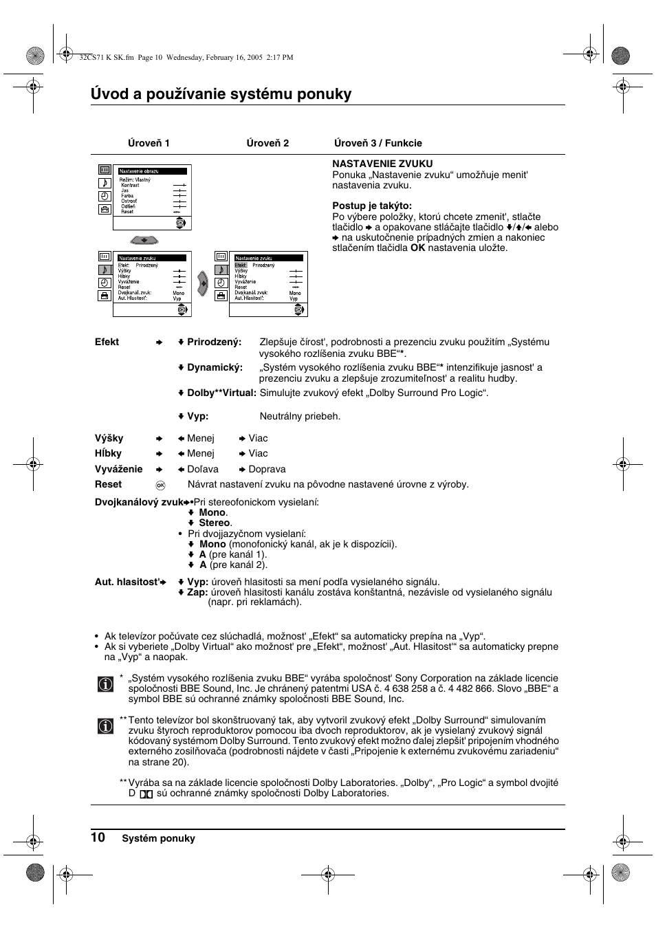 Úvod a používanie systému ponuky | Sony KV-32CS71K User Manual | Page 130 / 144