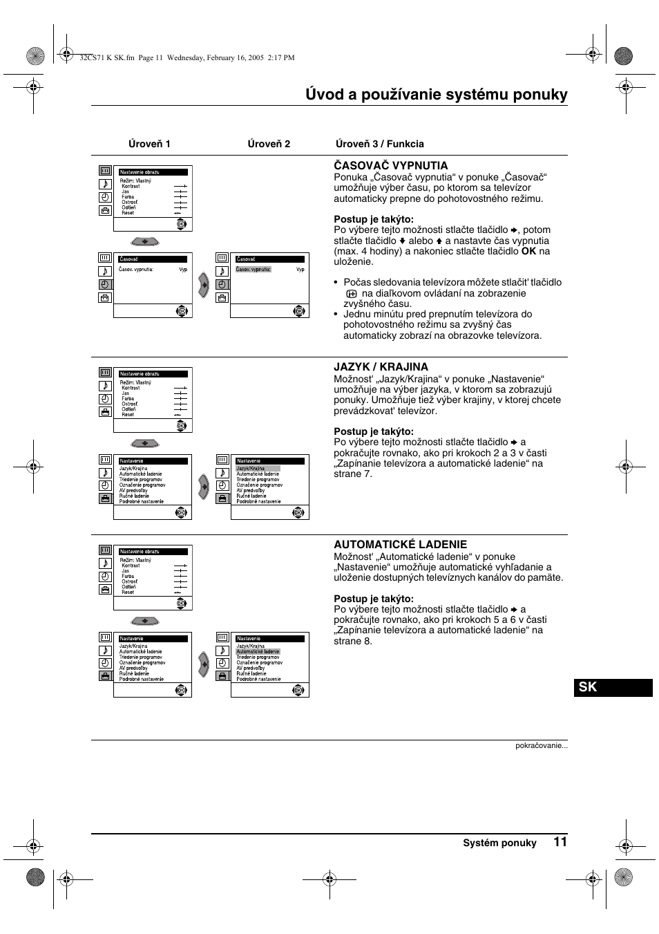 Úvod a používanie systému ponuky | Sony KV-32CS71K User Manual | Page 131 / 144