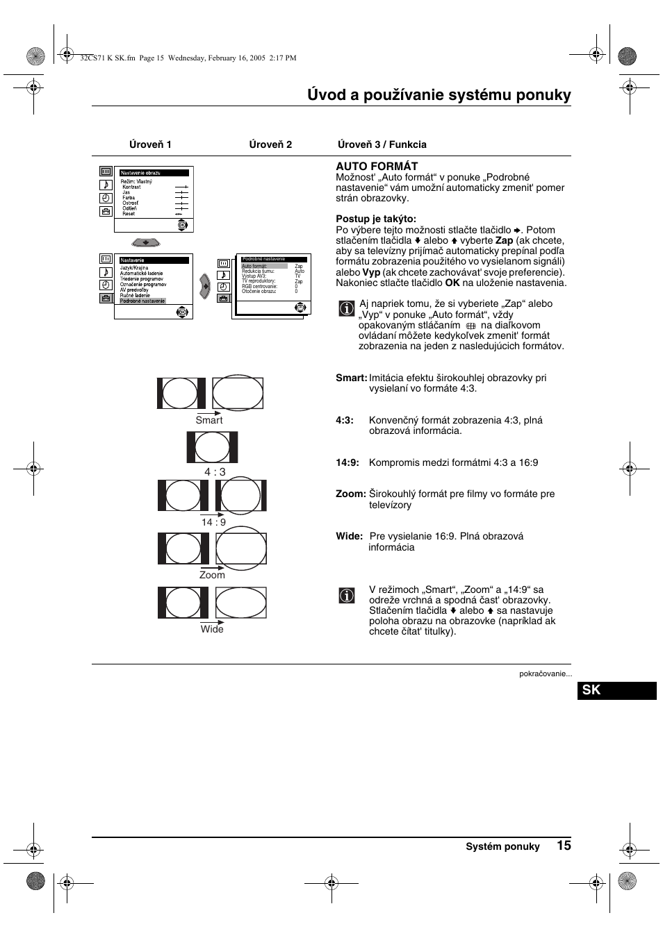 Úvod a používanie systému ponuky | Sony KV-32CS71K User Manual | Page 135 / 144