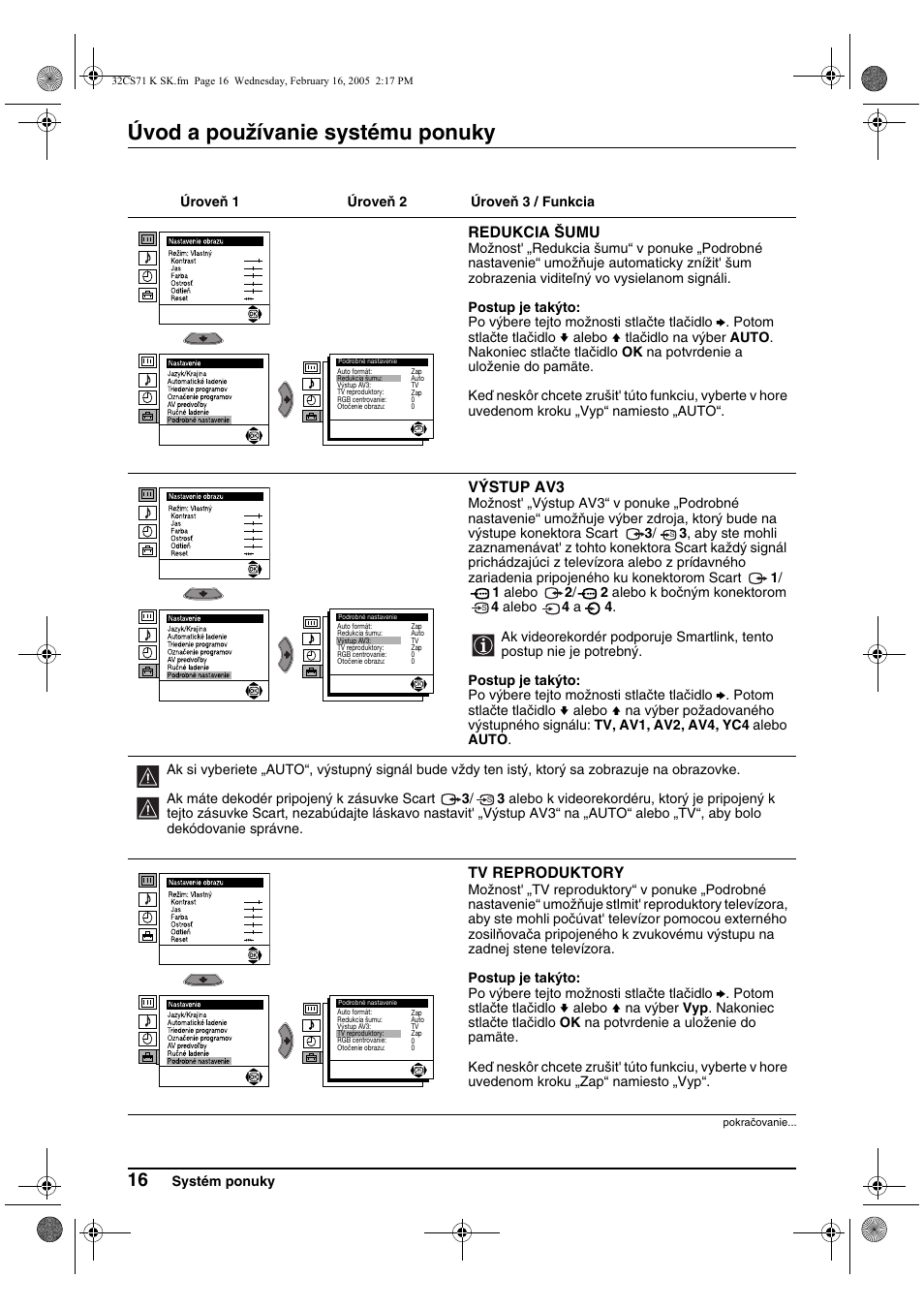 Úvod a používanie systému ponuky, Redukcia šumu, Výstup av3 | Tv reproduktory | Sony KV-32CS71K User Manual | Page 136 / 144