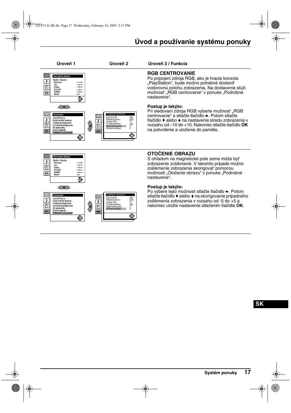 Úvod a používanie systému ponuky, Rgb centrovanie, Otočenie obrazu | Sony KV-32CS71K User Manual | Page 137 / 144