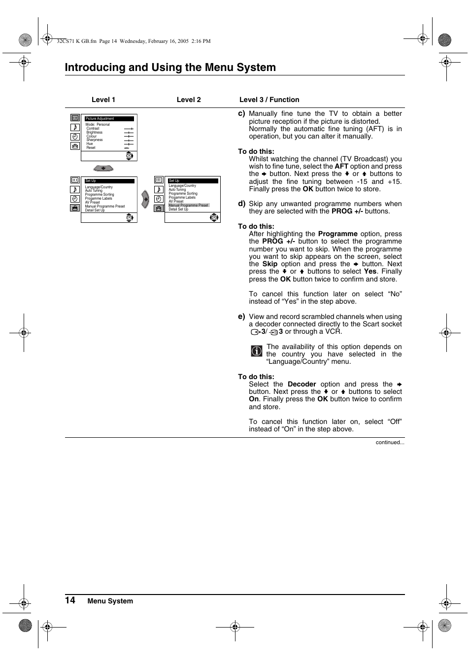Introducing and using the menu system | Sony KV-32CS71K User Manual | Page 14 / 144