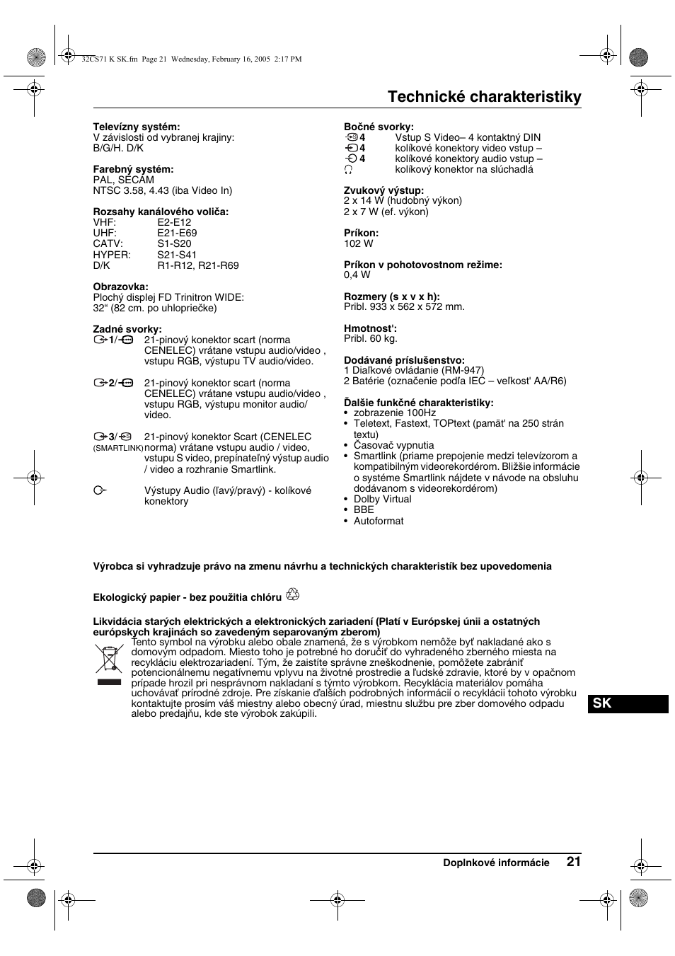 Technické charakteristiky | Sony KV-32CS71K User Manual | Page 141 / 144