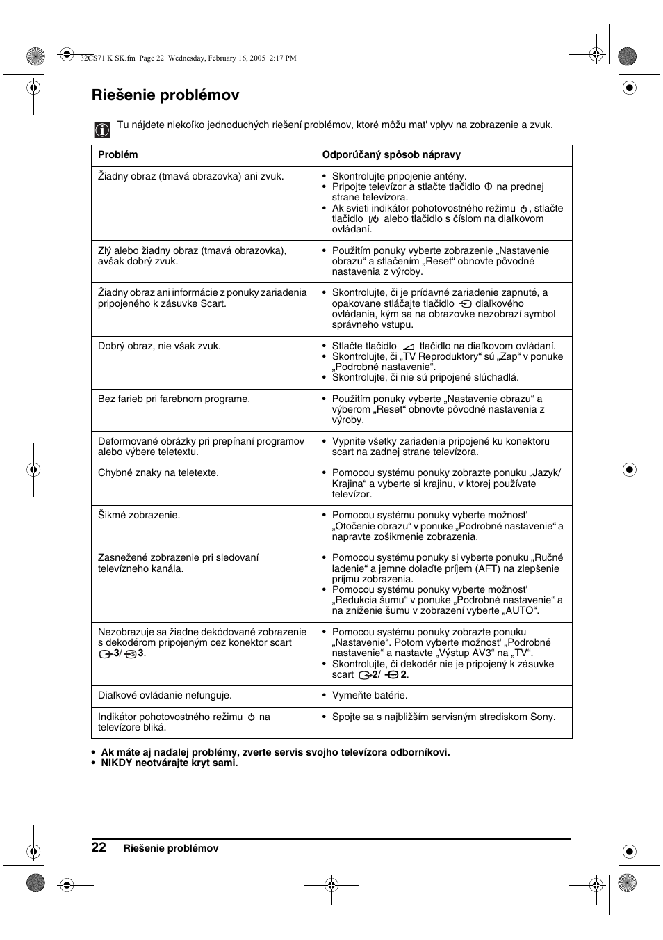 Riešenie problémov | Sony KV-32CS71K User Manual | Page 142 / 144