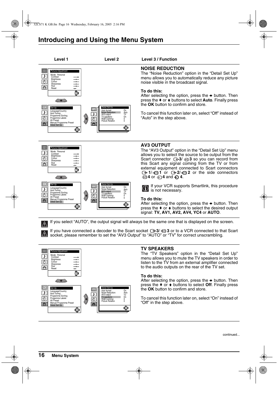 Introducing and using the menu system, Noise reduction, Av3 output | Tv speakers, Menu system, Level 1 level 2 level 3 / function | Sony KV-32CS71K User Manual | Page 16 / 144