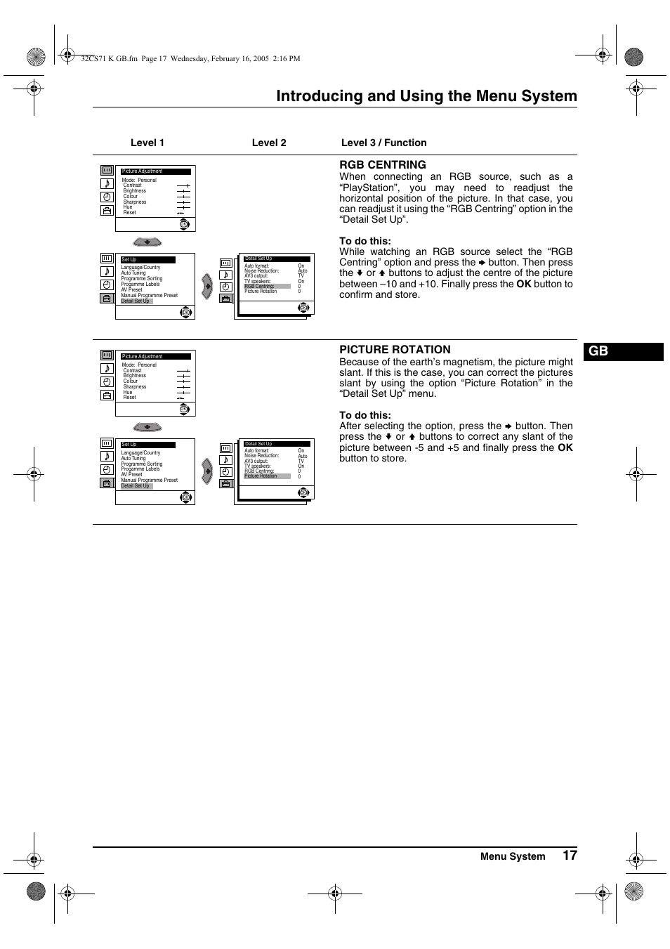 Introducing and using the menu system, Rgb centring, Picture rotation | Menu system, Level 1 level 2 level 3 / function | Sony KV-32CS71K User Manual | Page 17 / 144