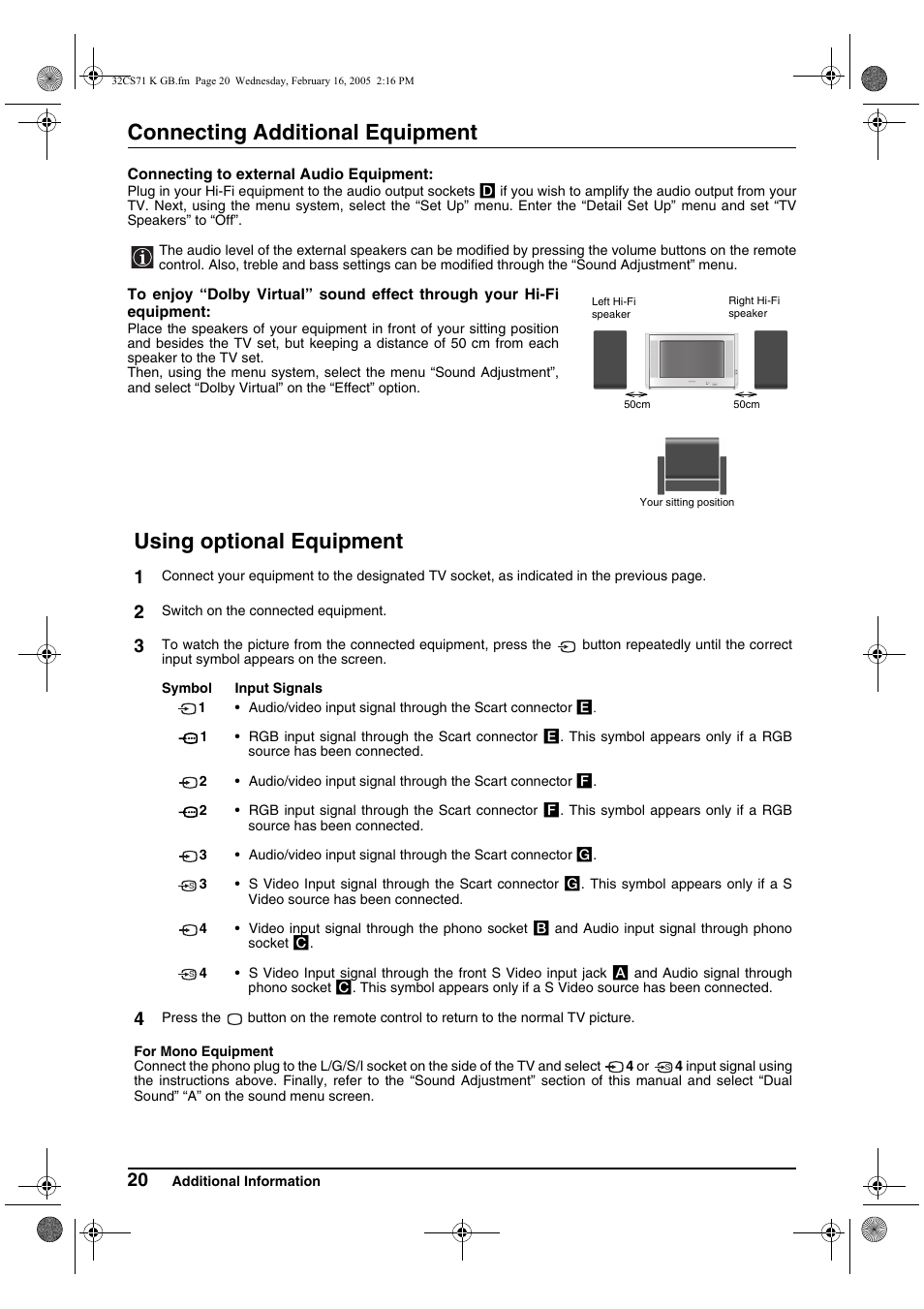 Connecting additional equipment, Using optional equipment | Sony KV-32CS71K User Manual | Page 20 / 144