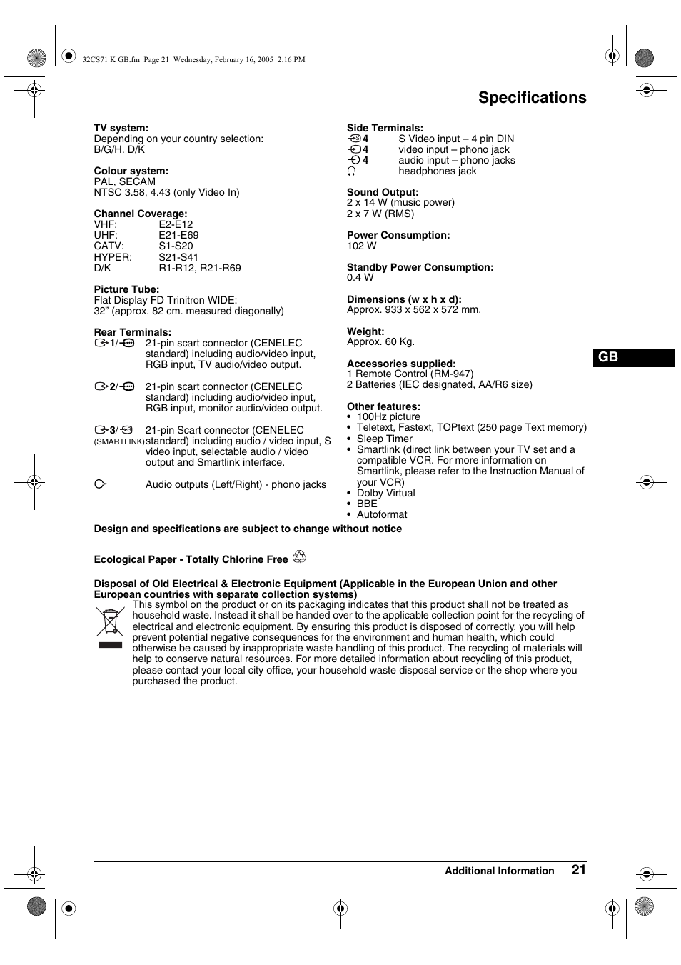Specifications | Sony KV-32CS71K User Manual | Page 21 / 144