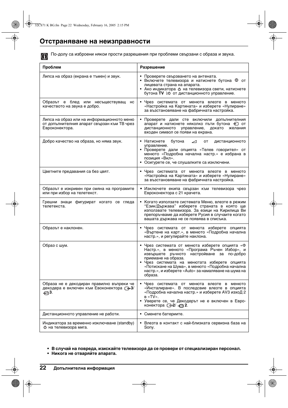 Отстраняване на неизправности | Sony KV-32CS71K User Manual | Page 42 / 144