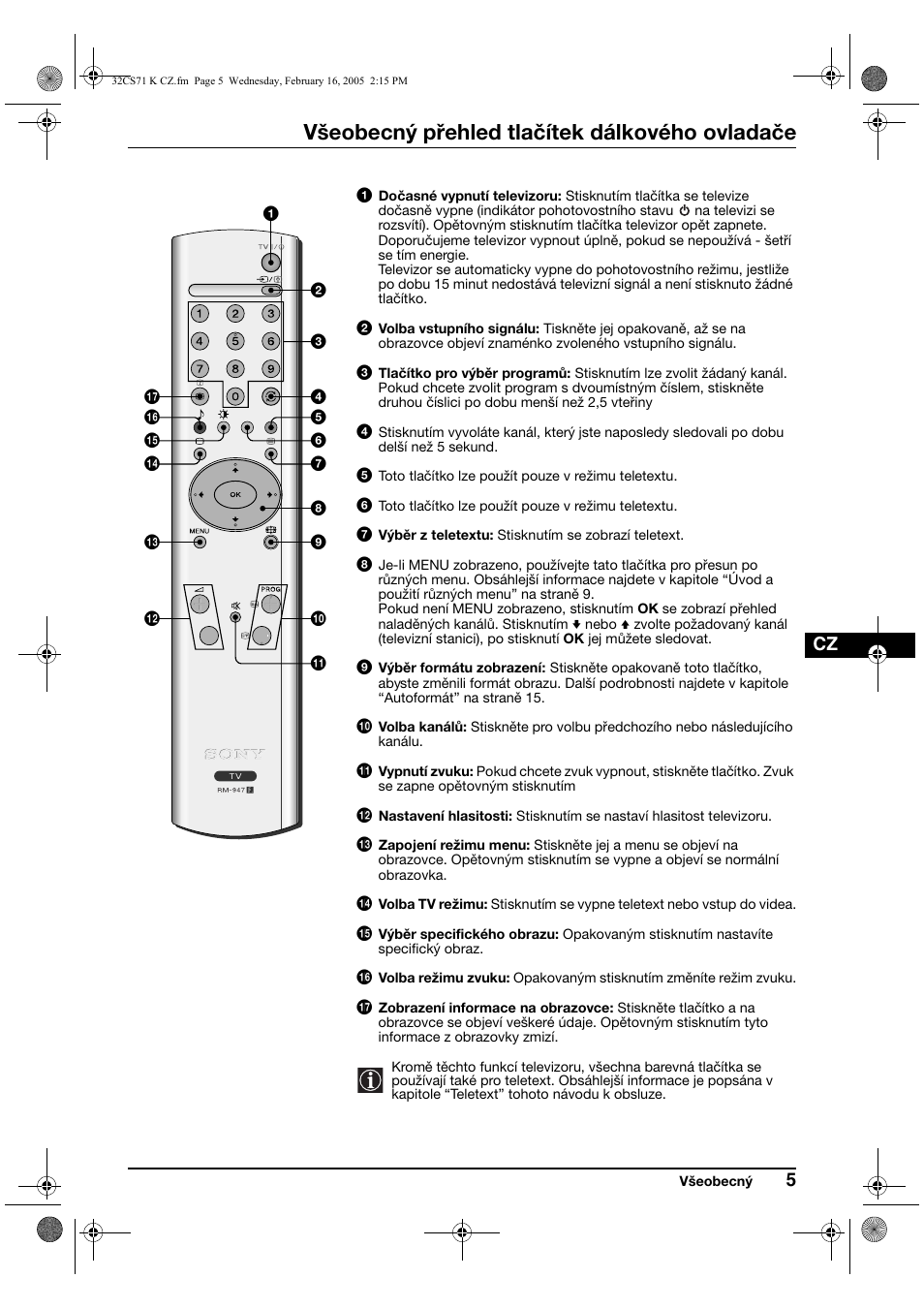 Všeobecný přehled tlačítek dálkového ovladače | Sony KV-32CS71K User Manual | Page 45 / 144