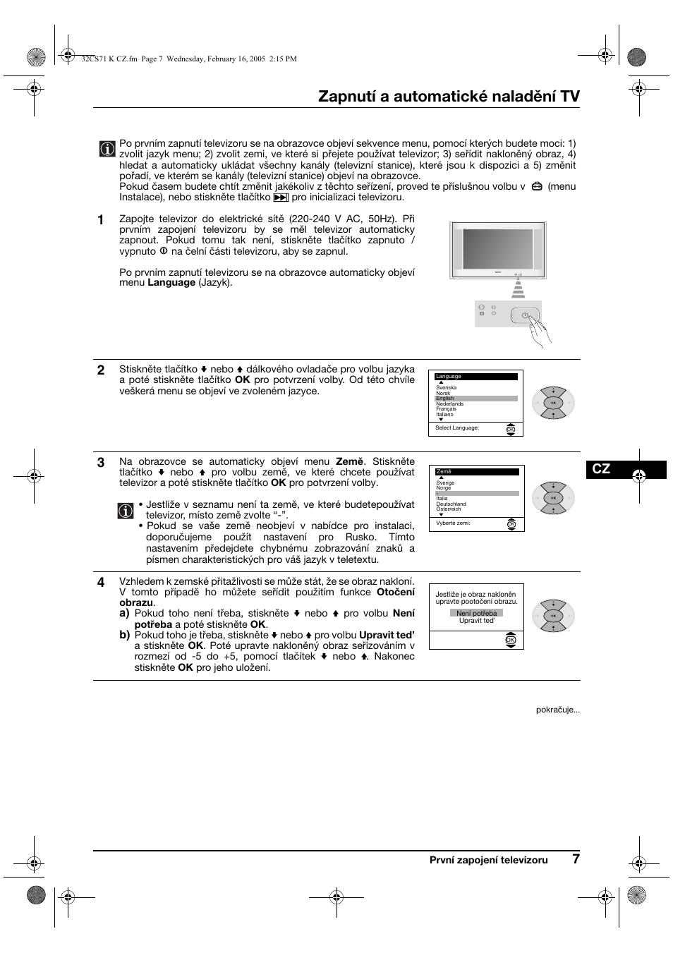 Zapnutí a automatické naladění tv | Sony KV-32CS71K User Manual | Page 47 / 144