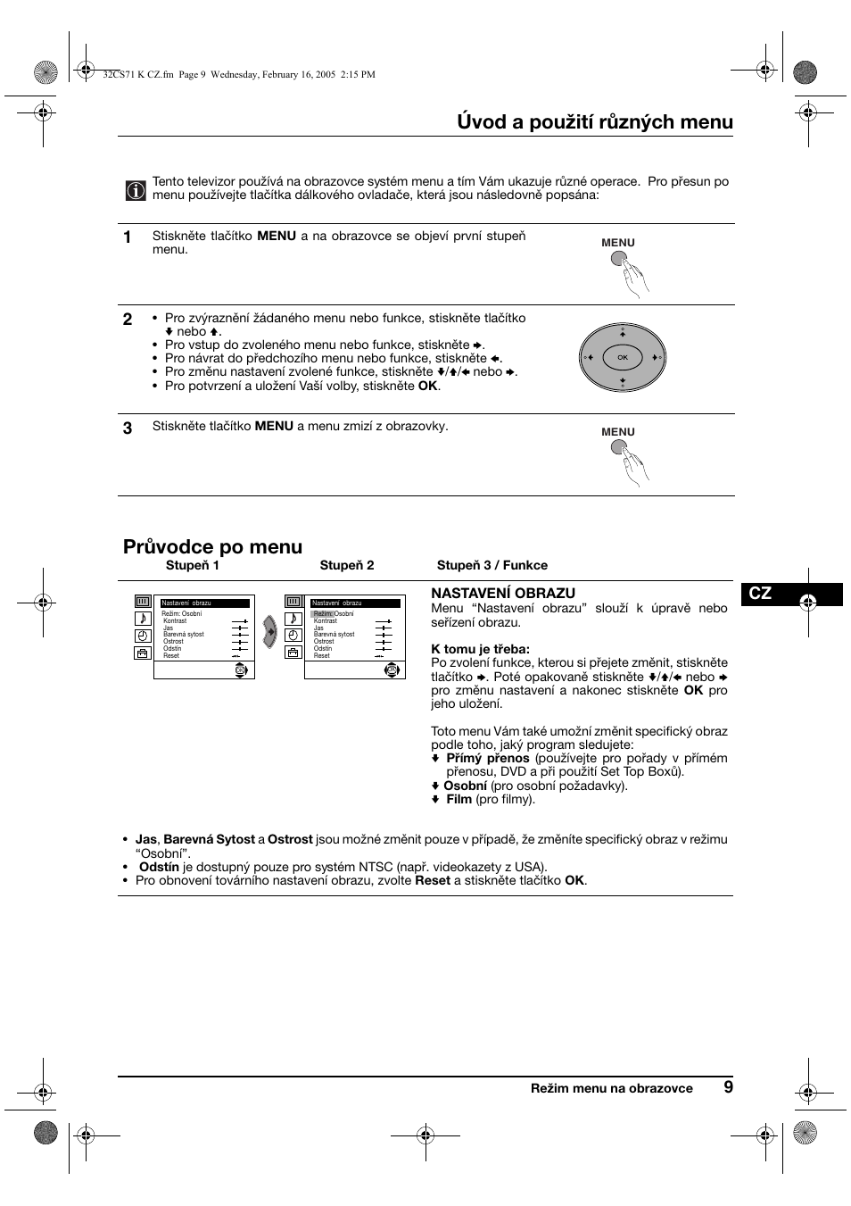 Úvod a použití různých menu, Průvodce po menu | Sony KV-32CS71K User Manual | Page 49 / 144