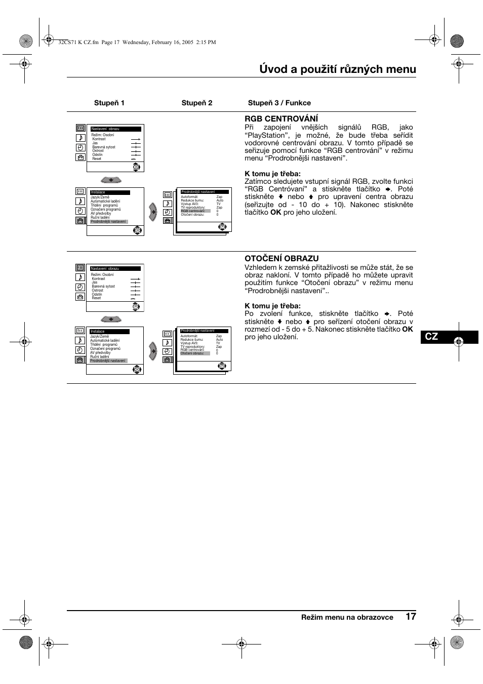 Úvod a použití různých menu, Rgb centrování, Otočení obrazu | Sony KV-32CS71K User Manual | Page 57 / 144