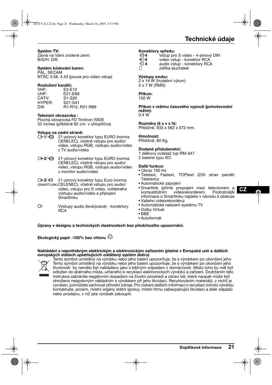 Technické údaje | Sony KV-32CS71K User Manual | Page 61 / 144