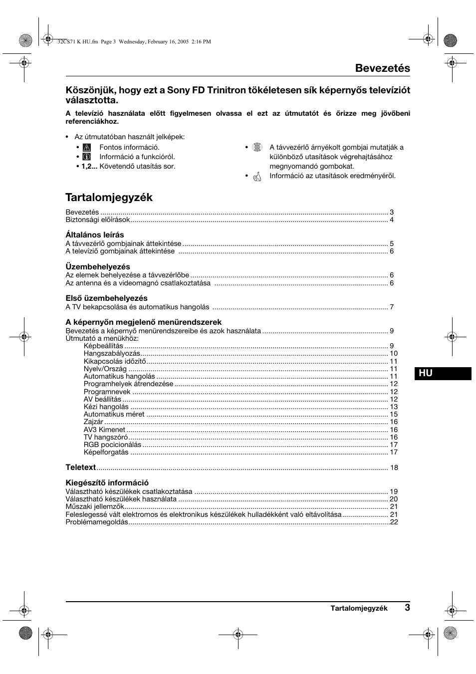 Bevezetés, Tartalomjegyzék | Sony KV-32CS71K User Manual | Page 63 / 144