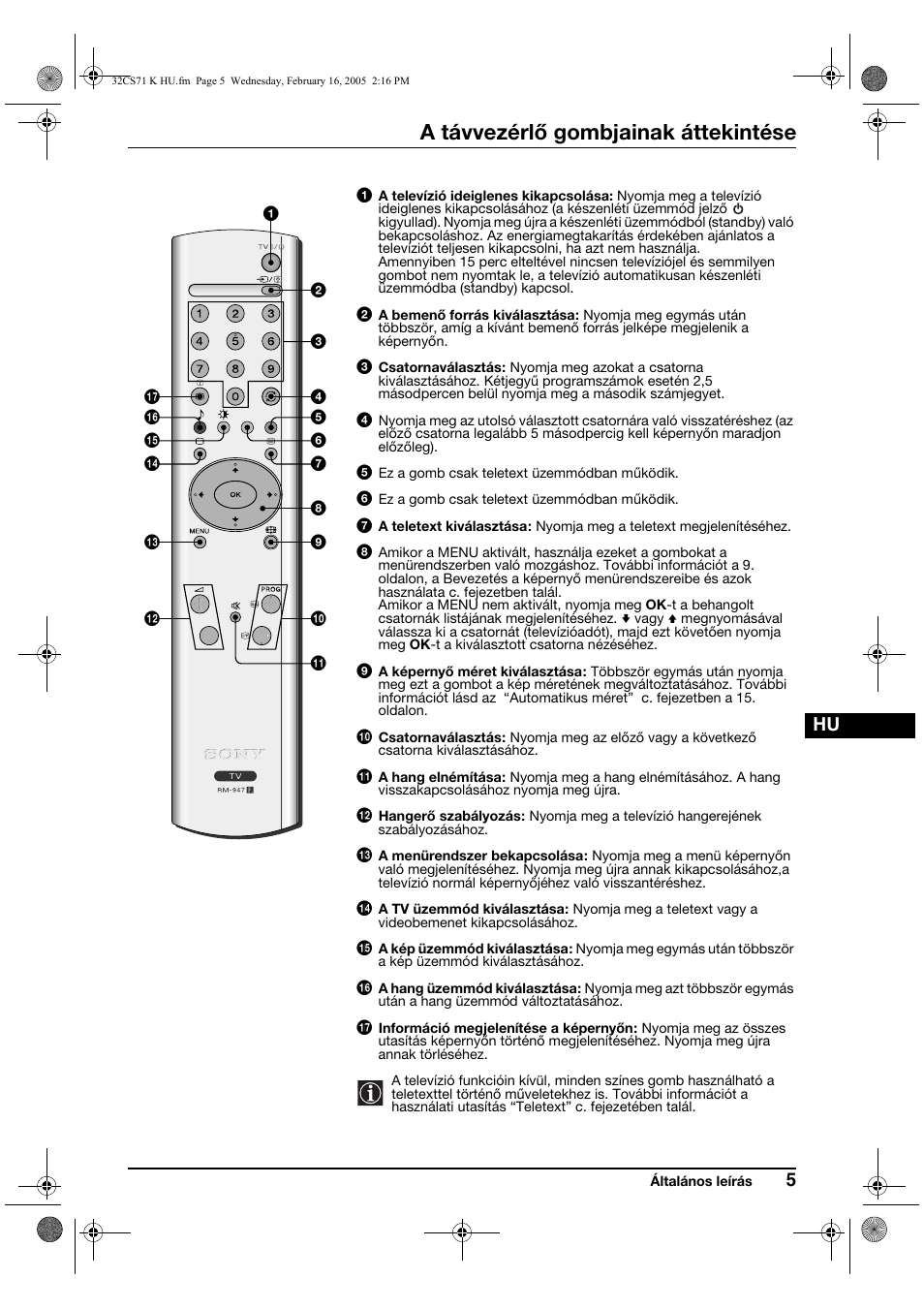A távvezérlő gombjainak áttekintése | Sony KV-32CS71K User Manual | Page 65 / 144
