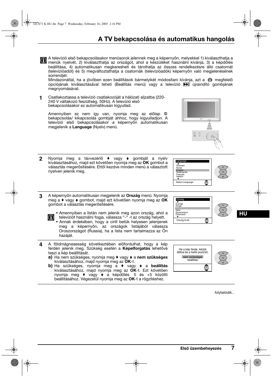A tv bekapcsolása és automatikus hangolás | Sony KV-32CS71K User Manual | Page 67 / 144