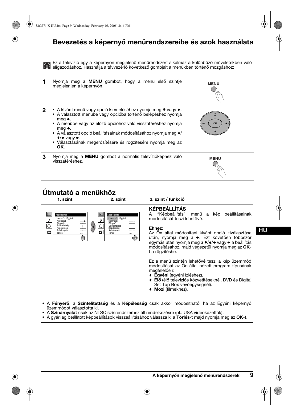Útmutató a menükhöz | Sony KV-32CS71K User Manual | Page 69 / 144