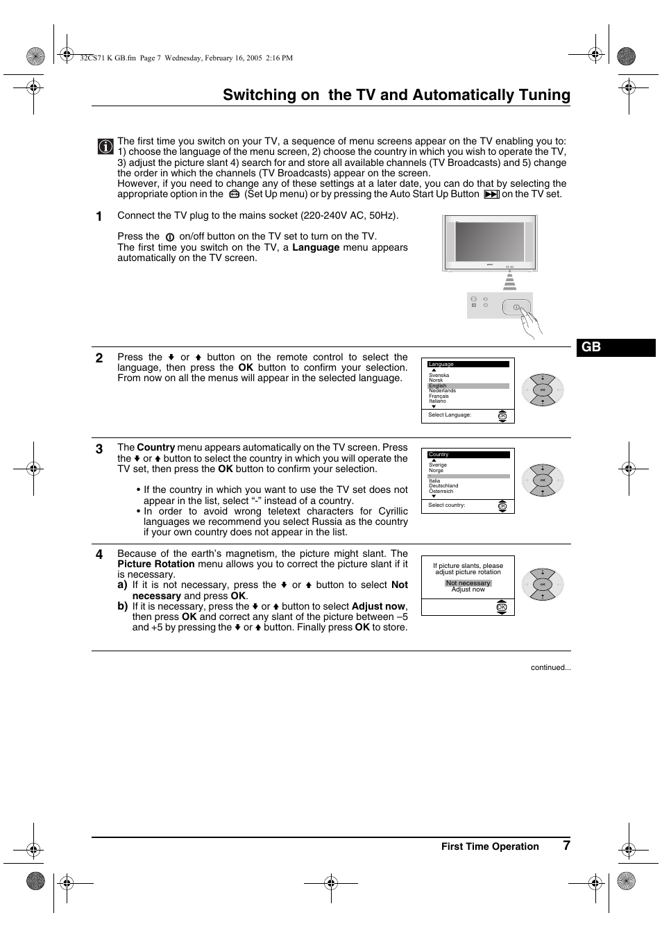 Switching on the tv and automatically tuning | Sony KV-32CS71K User Manual | Page 7 / 144