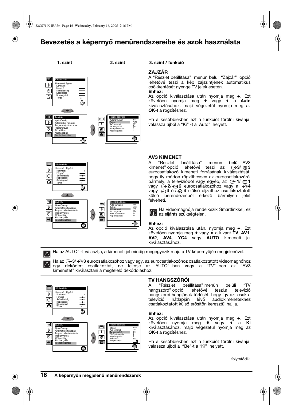 Zajzár, Av3 kimenet, Tv hangszórói | Sony KV-32CS71K User Manual | Page 76 / 144