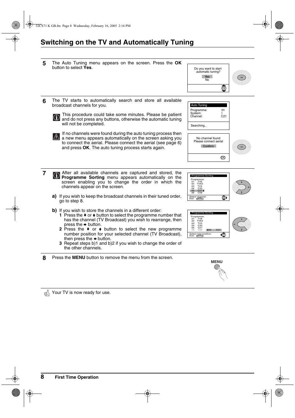 Switching on the tv and automatically tuning | Sony KV-32CS71K User Manual | Page 8 / 144