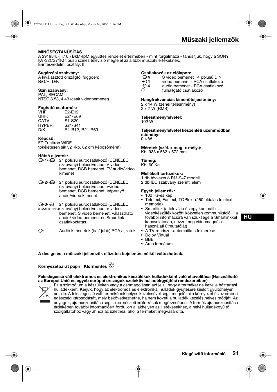 Műszaki jellemzők | Sony KV-32CS71K User Manual | Page 81 / 144