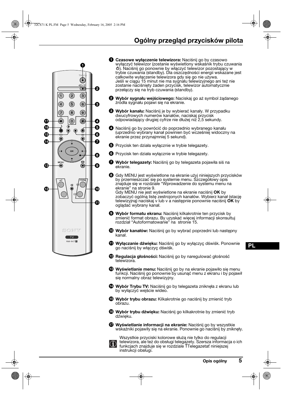 Ogólny przegląd przycisków pilota | Sony KV-32CS71K User Manual | Page 85 / 144