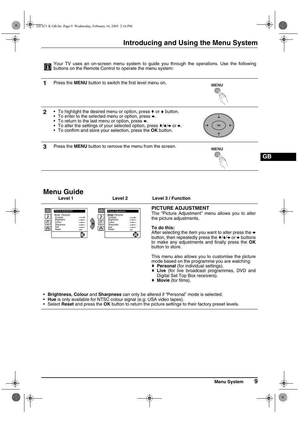 Introducing and using the menu system, Menu guide | Sony KV-32CS71K User Manual | Page 9 / 144