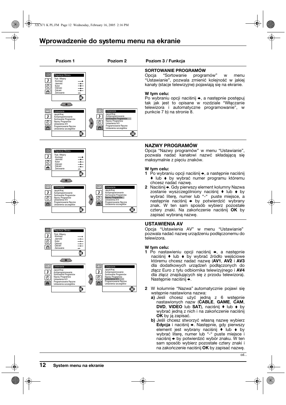 Wprowadzenie do systemu menu na ekranie | Sony KV-32CS71K User Manual | Page 92 / 144