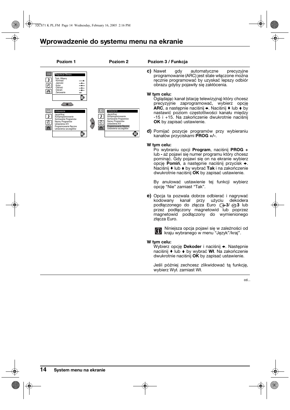 Wprowadzenie do systemu menu na ekranie | Sony KV-32CS71K User Manual | Page 94 / 144