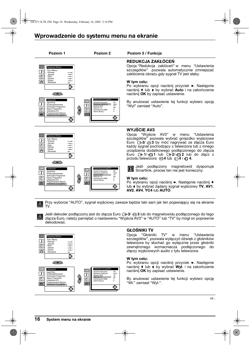 Wprowadzenie do systemu menu na ekranie, Redukcja zakłóceń, Wyjście av3 | Głośniki tv | Sony KV-32CS71K User Manual | Page 96 / 144